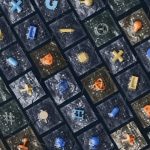 Ícones tridimensionais de tecnologia e inteligência artificial organizados sobre uma grade digital.