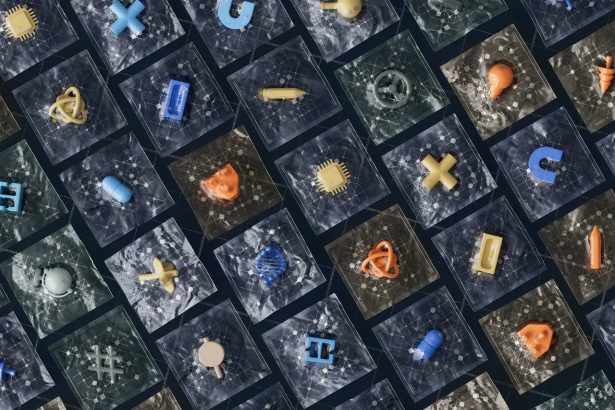 Ícones tridimensionais de tecnologia e inteligência artificial organizados sobre uma grade digital.