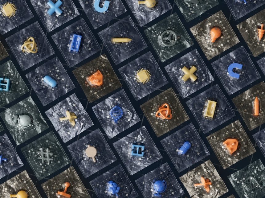 Ícones tridimensionais de tecnologia e inteligência artificial organizados sobre uma grade digital.
