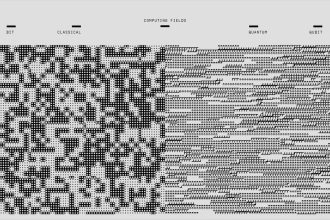 Padrões geométricos e binários em preto e branco representando computação digital e criptografia.