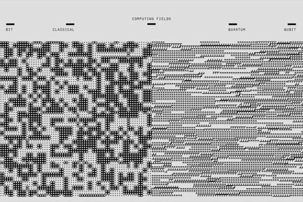 Padrões geométricos e binários em preto e branco representando computação digital e criptografia.