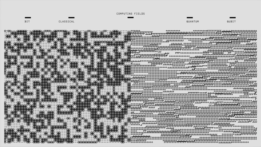 Padrões geométricos e binários em preto e branco representando computação digital e criptografia.