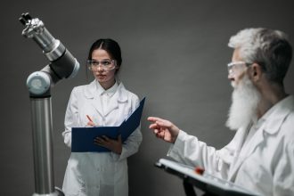Cientistas em jalecos analisam uma tecnologia robótica em um laboratório, representando pesquisa colaborativa em inteligência artificial.